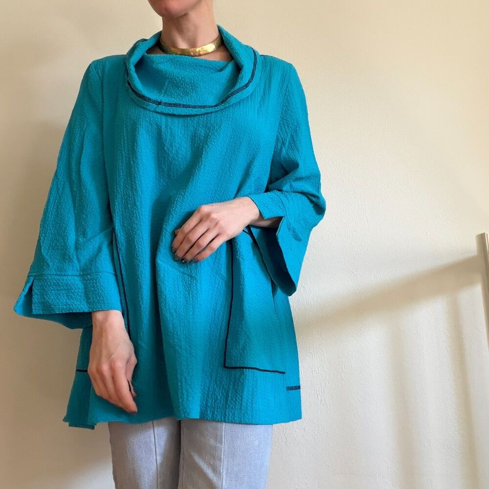 Moonlight Y S Fashion Tunic Cowl Neck XL Lagenlook Teal Blue Art to Wear Coastal